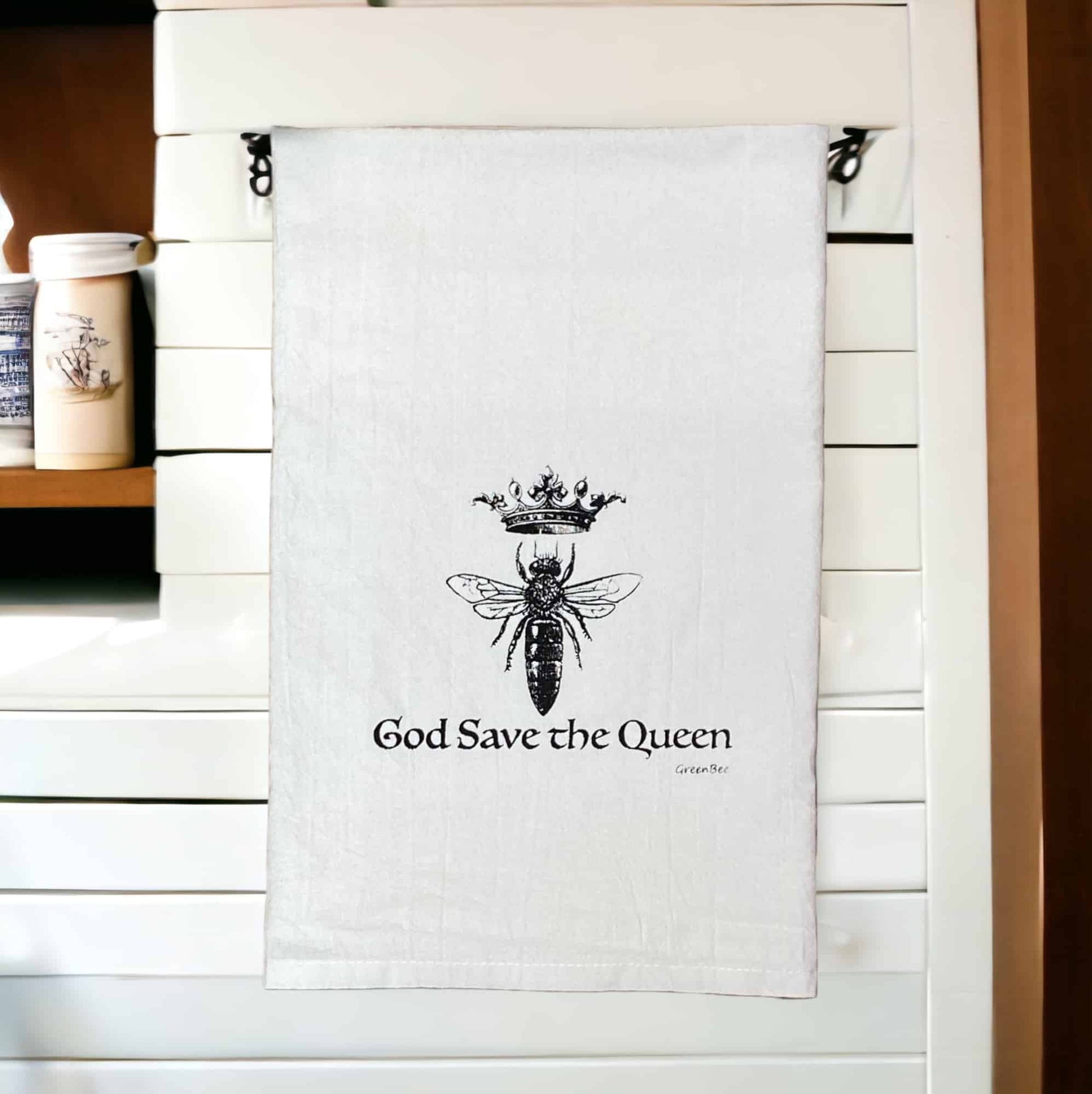 god save the queen honey bee kitchen tea towel