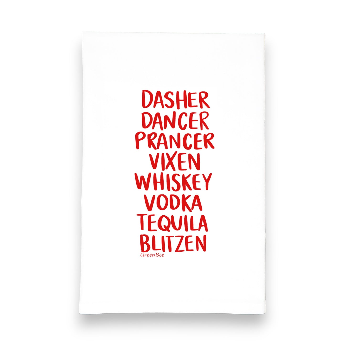 dancer dancer prancer vixen whiskey vodka tequila blitzen Christmas kitchen tea towel