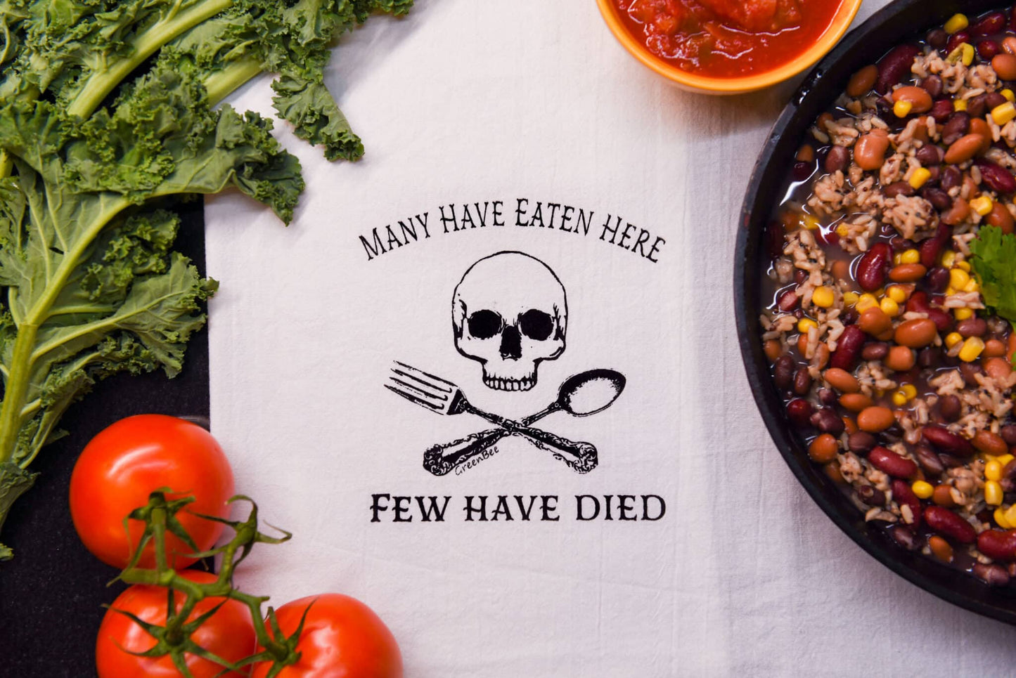 many have eaten here few have died kitchen tea towel