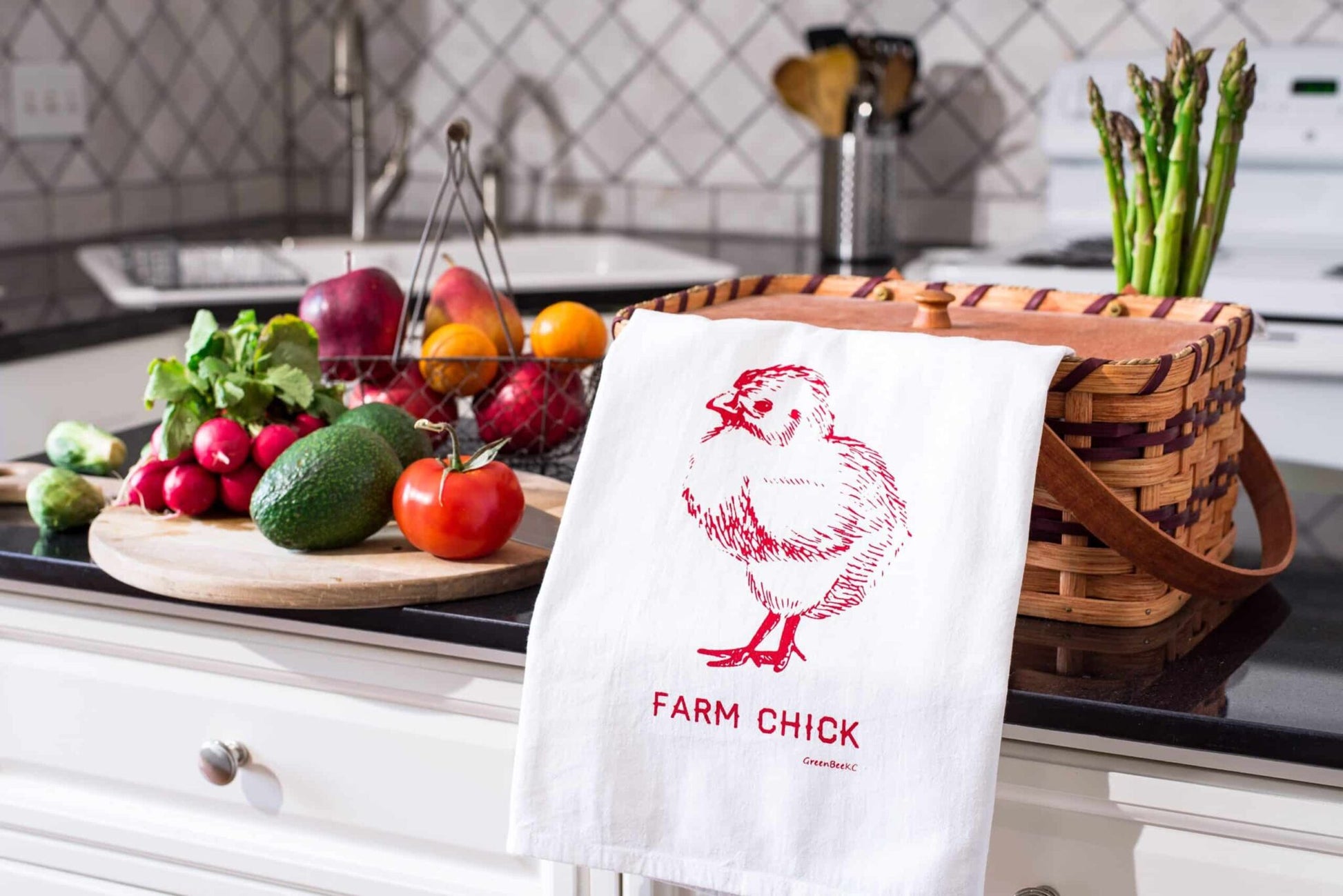 Farmhouse farm chick tea towel with vegetables