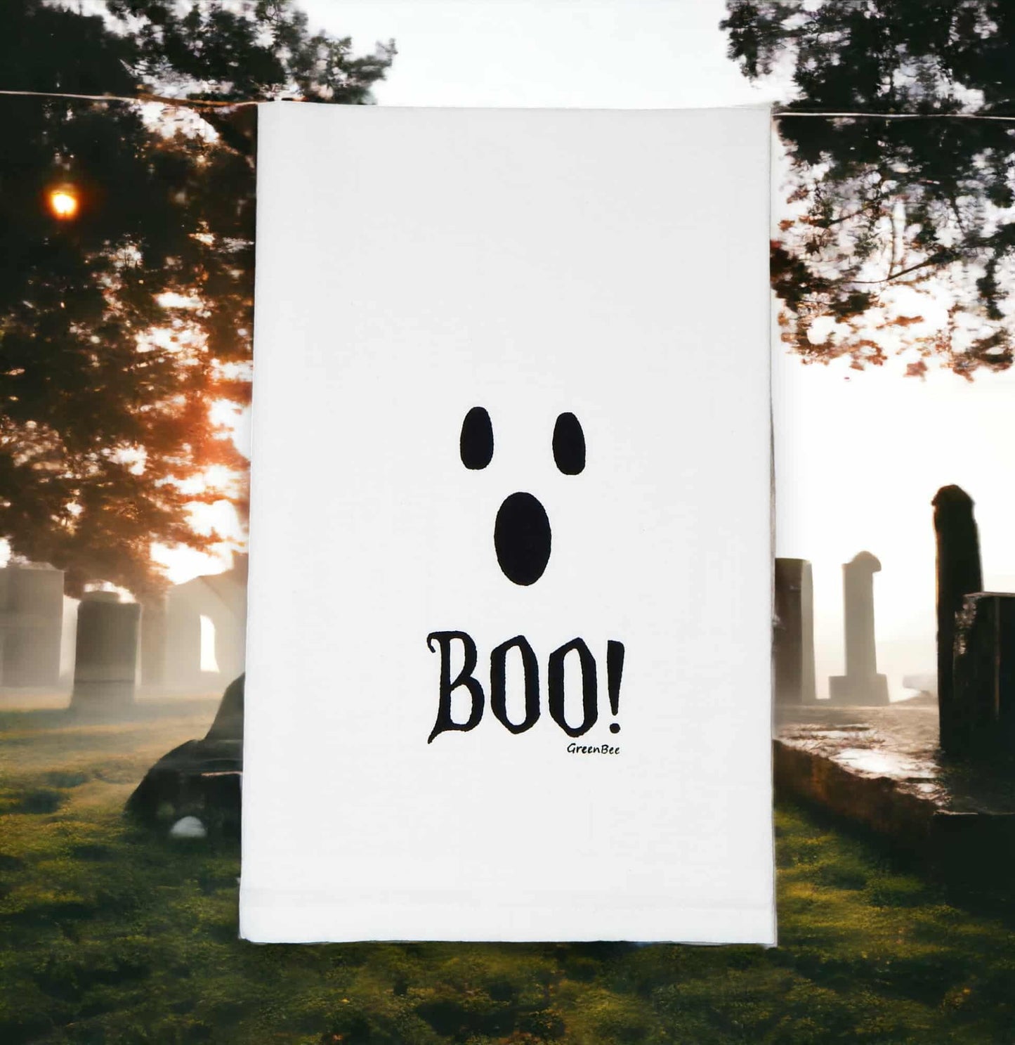 scary boo ghost kitchen tea towel