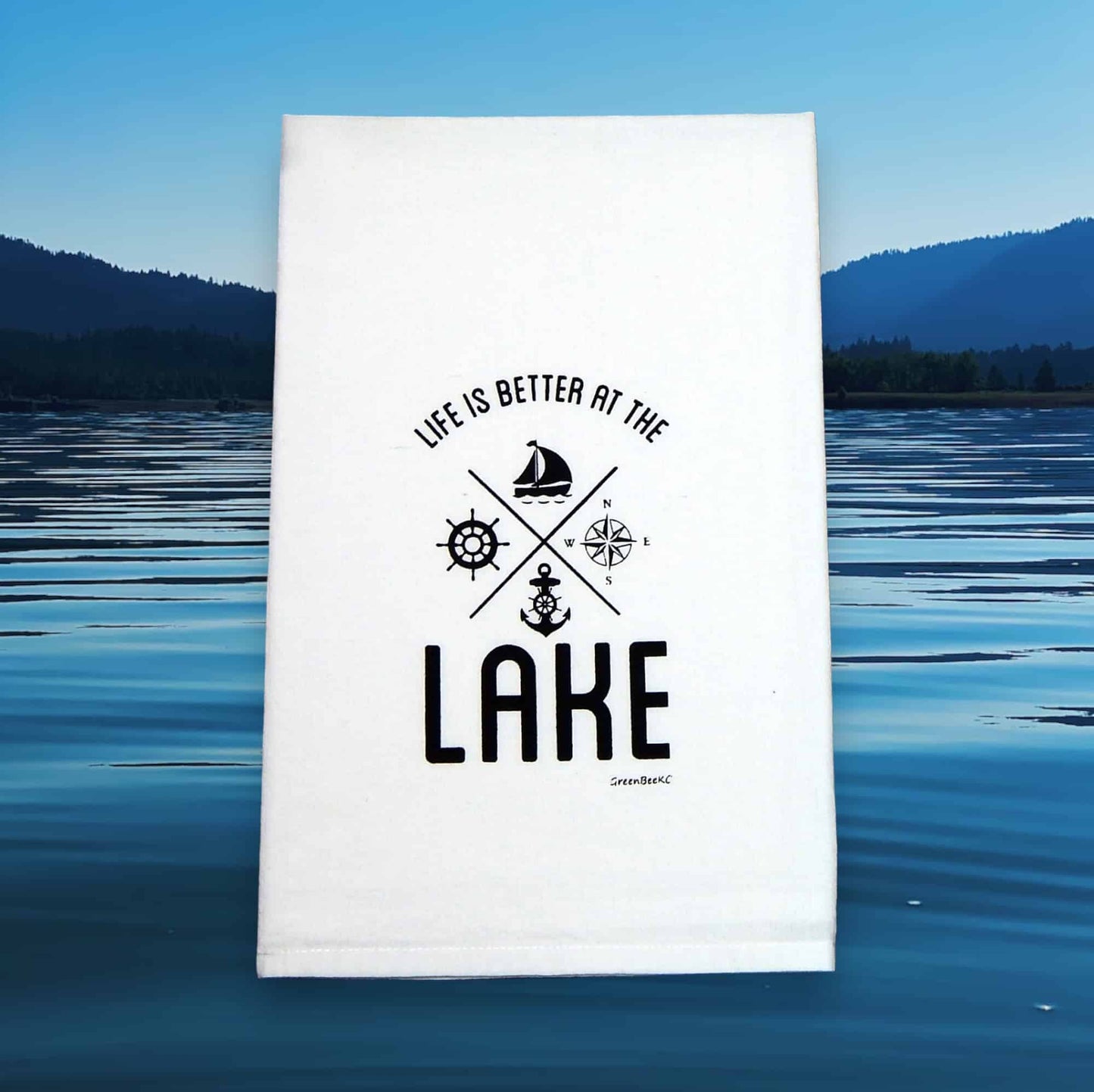 life is better at the lake kitchen tea towel