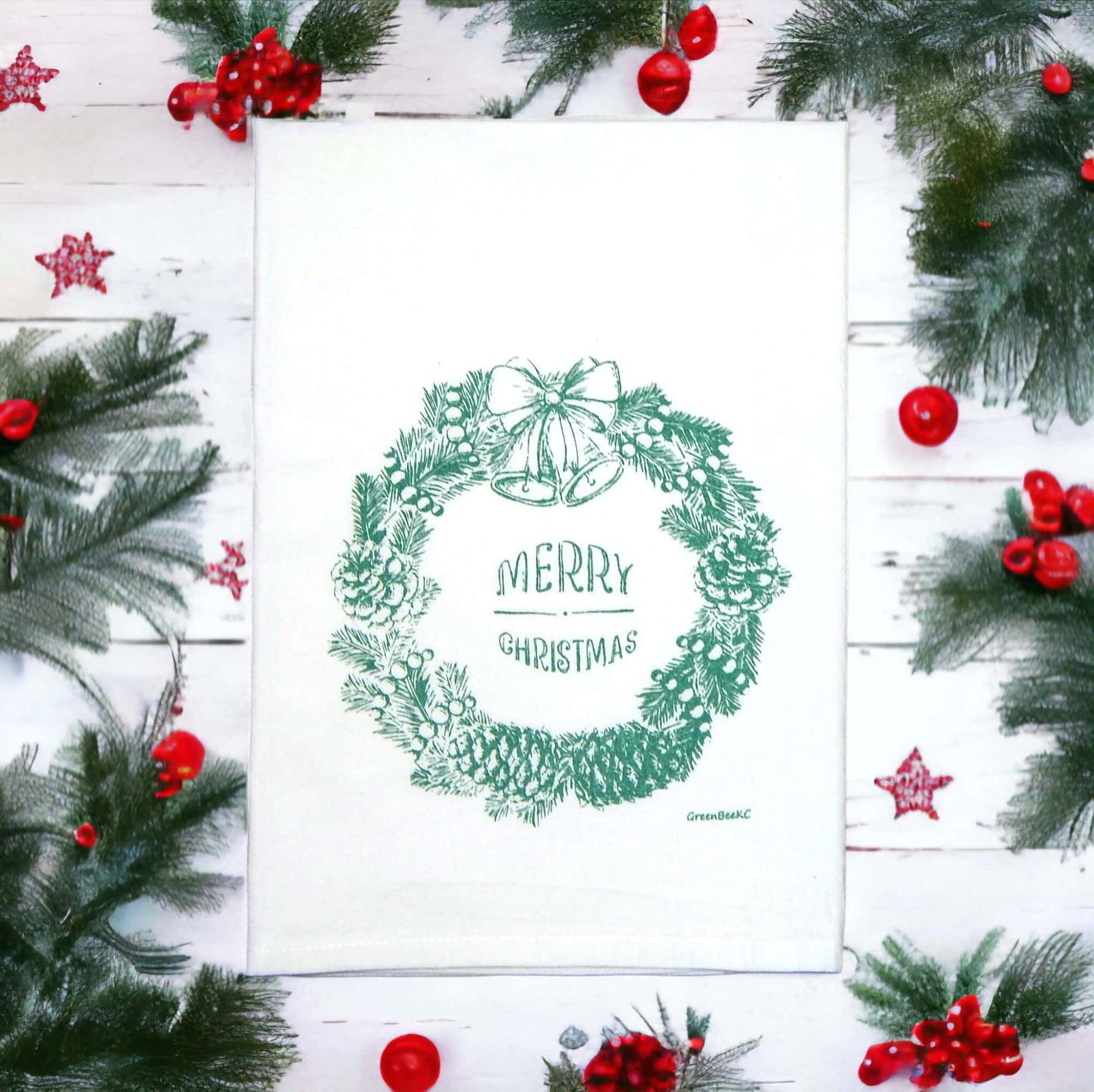 merry Christmas wreath Christmas kitchen tea towel