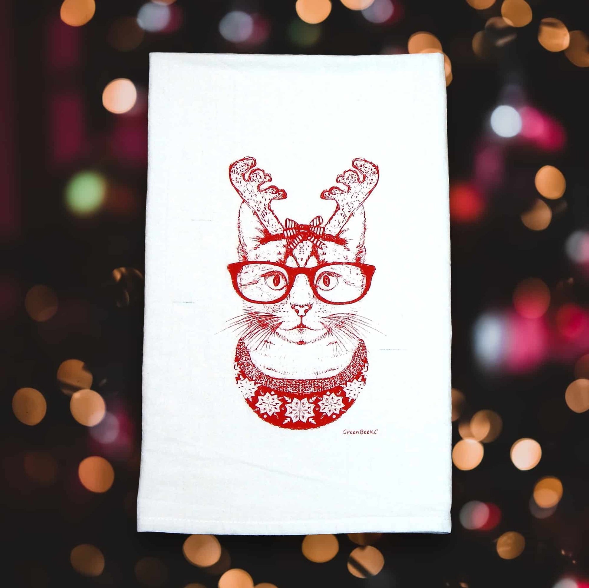 hipster cat Christmas kitchen tea towel