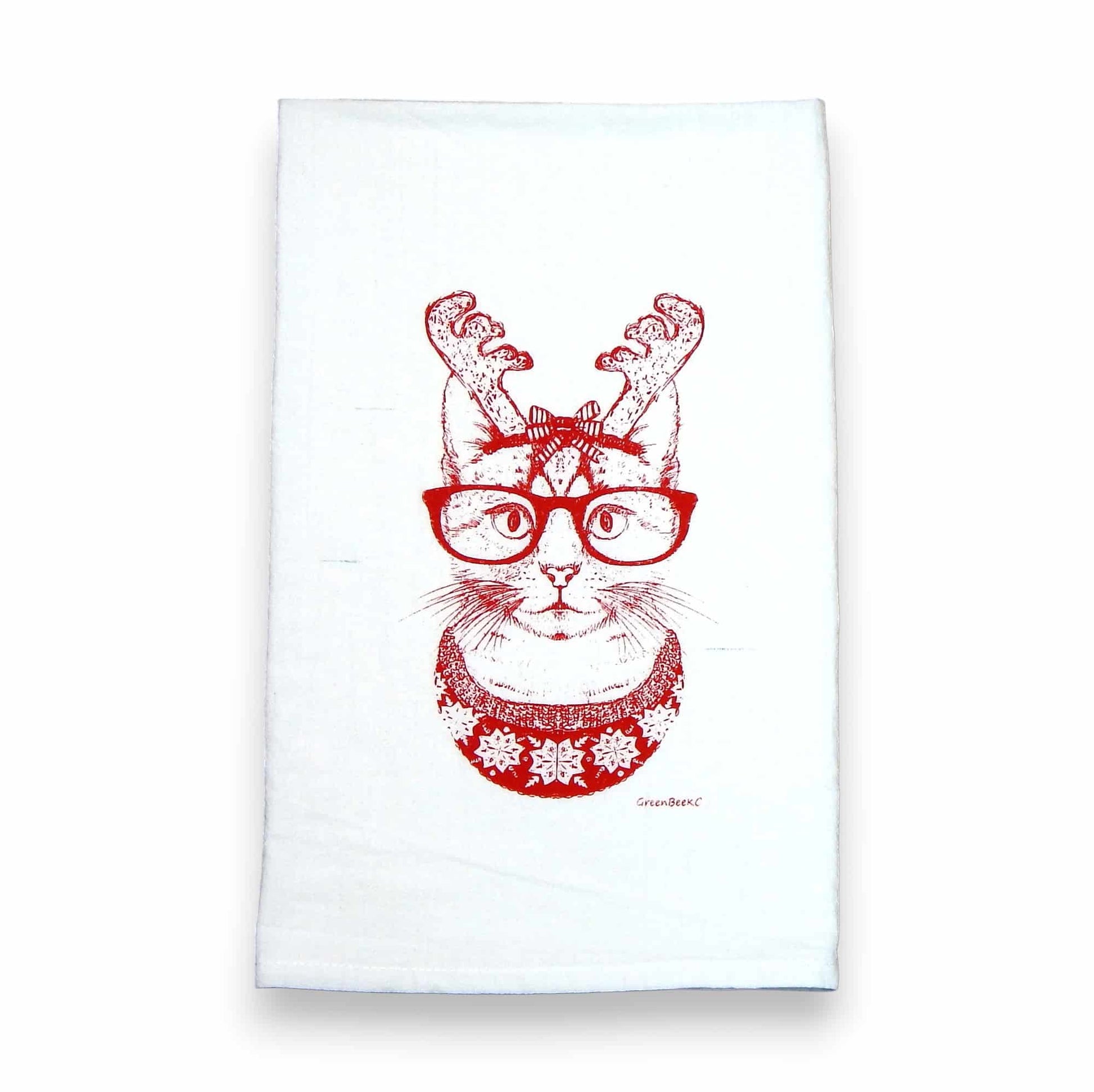 hipster cat Christmas kitchen tea towel