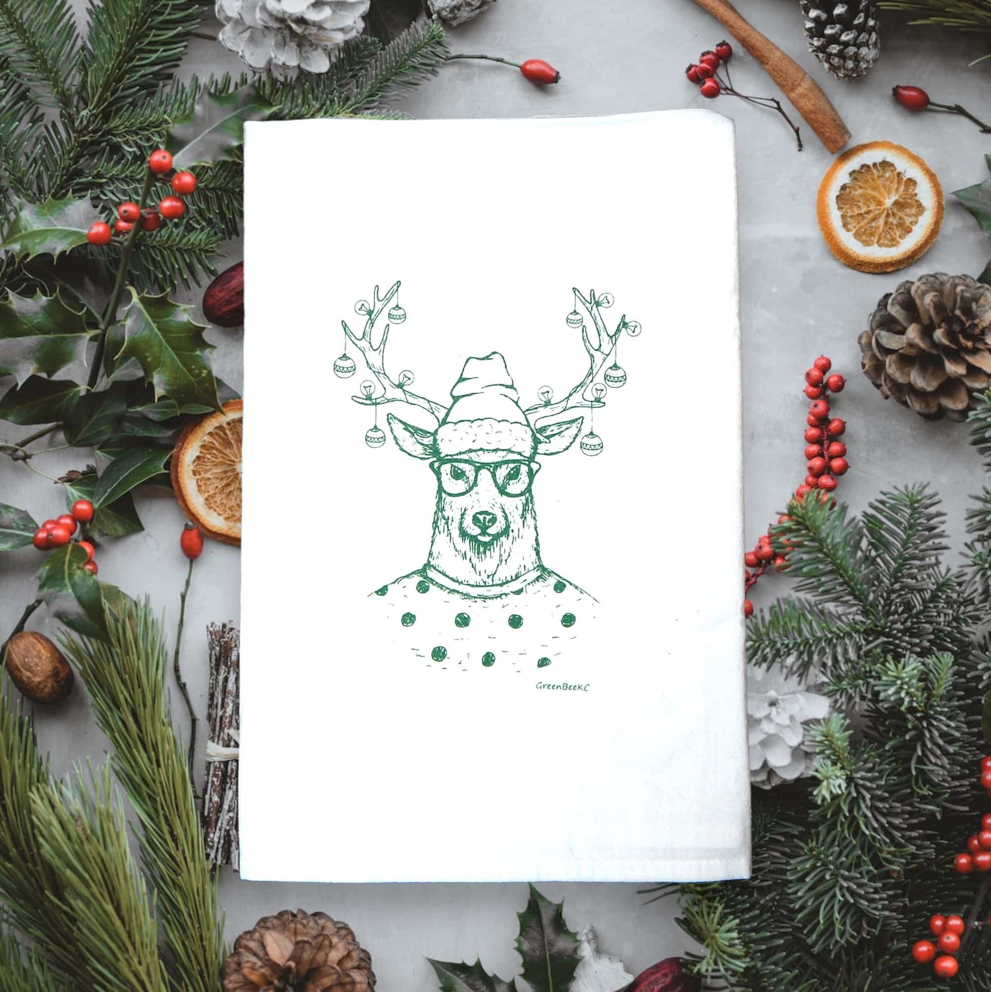 reindeer hipster deer Christmas kitchen tea towel