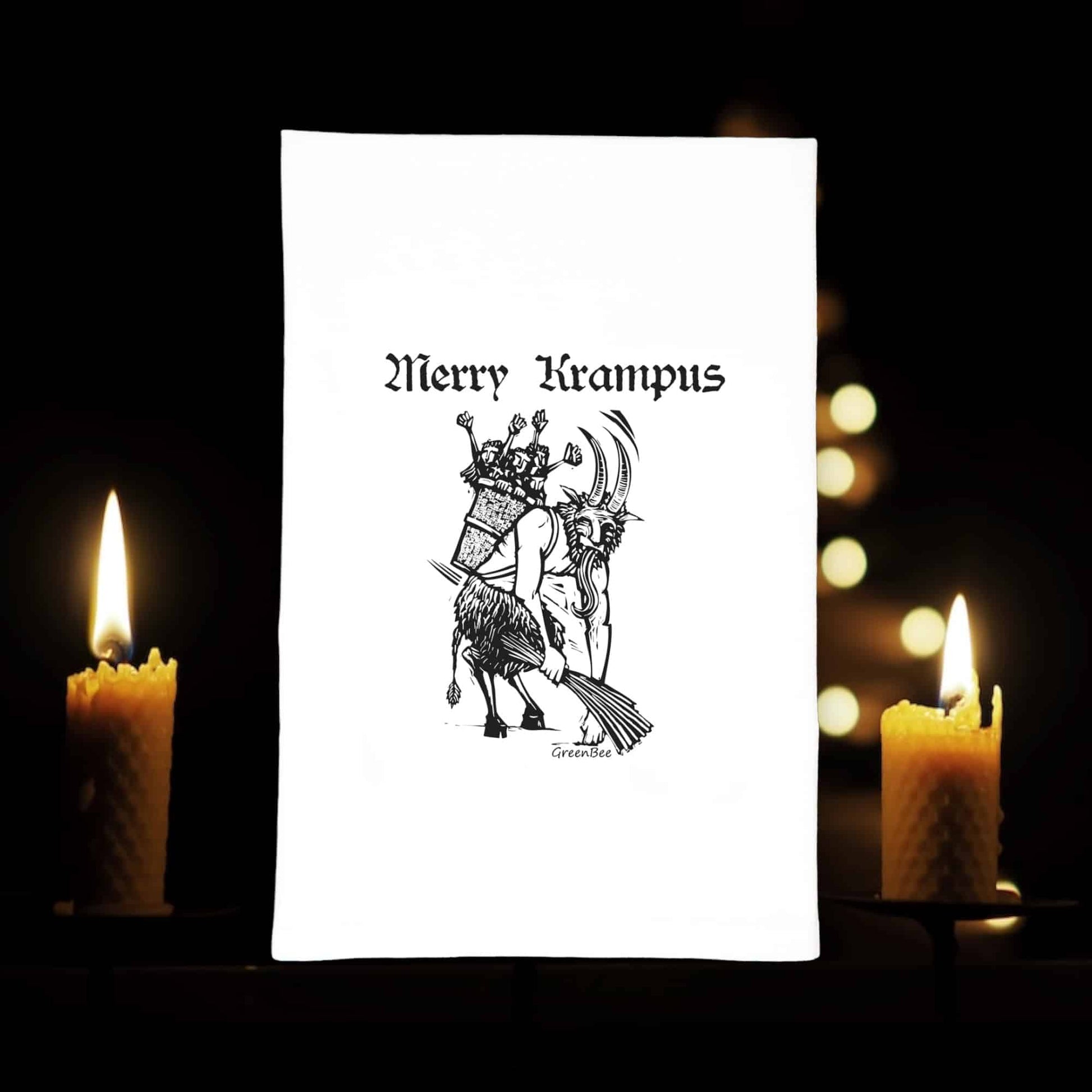 merry krampus kitchen tea towel