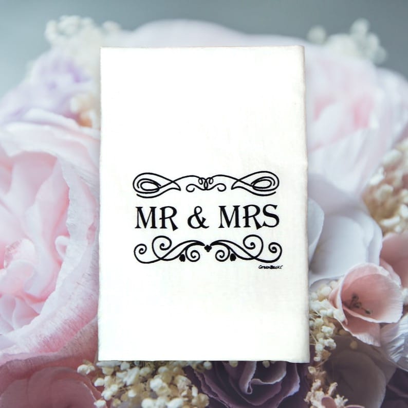 mr & mrs wedding kitchen tea towel