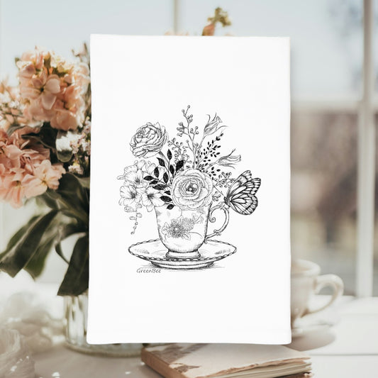 Floral Tea Cup Kitchen Tea Towel