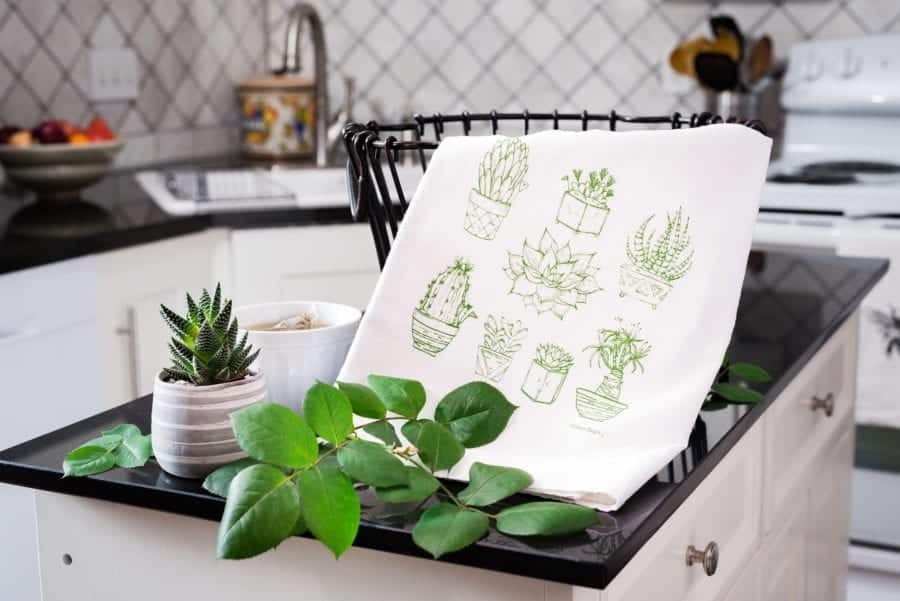 Succulents tea towel in kitchen