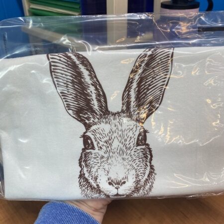 bunny rabbit with big ears printed with brown ink on cotton tea towel slightly flawed kitchen tea towel