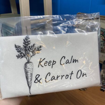 keep calm and carrot on slightly flawed kitchen tea towel