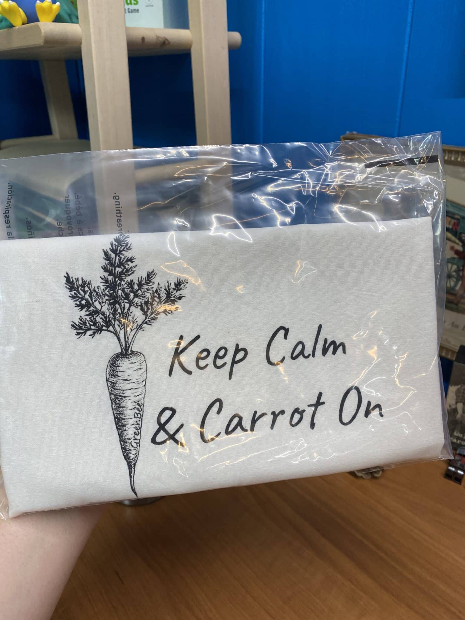 keep calm and carrot on slightly flawed kitchen tea towel