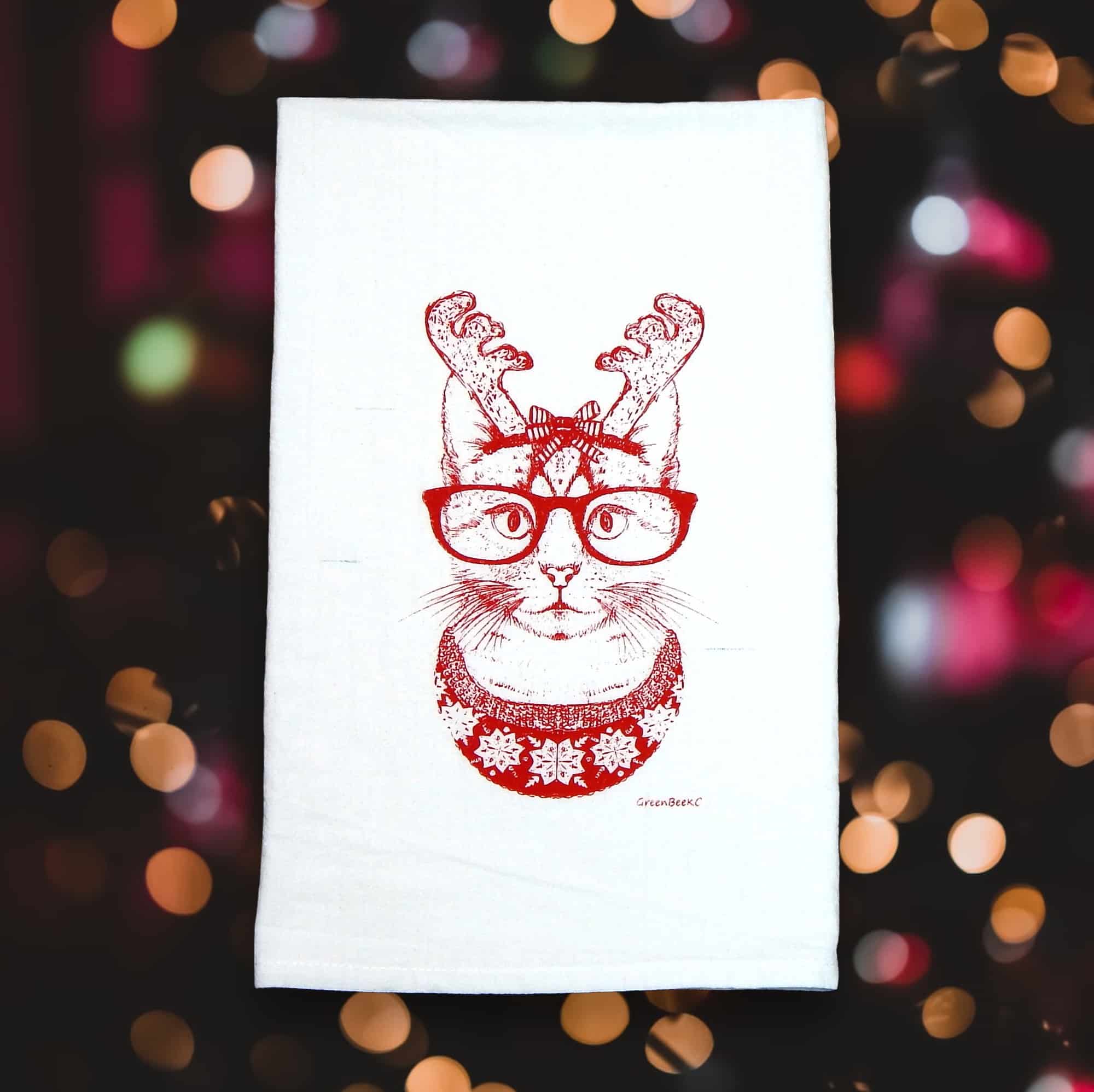 Hipster Christmas Cat Tea Towel